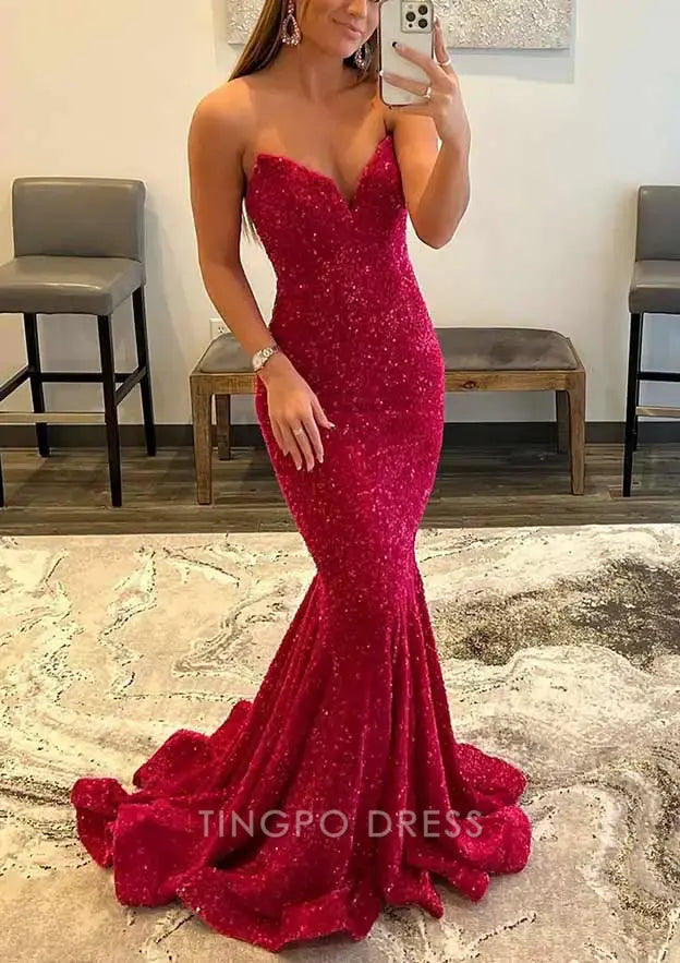 TingPo Wholesale Elegant Trumpet/Mermaid Sweetheart Strapless Sweep Train Velvet Sequins Prom Dress